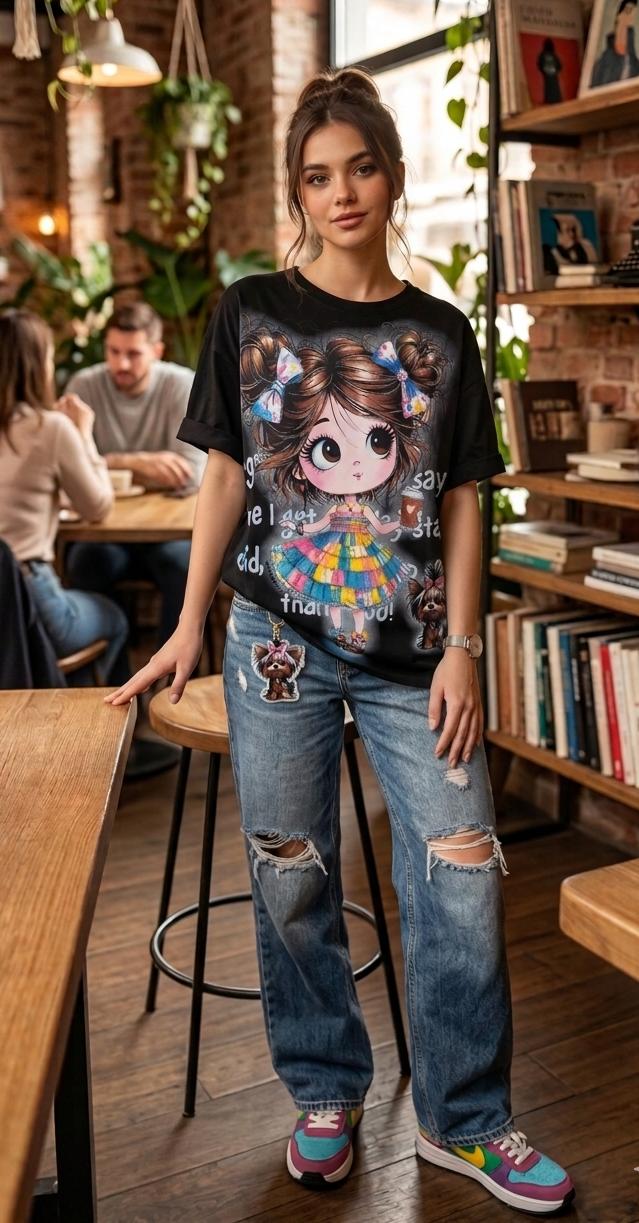 Cute Doll Print Oversized T-Shir