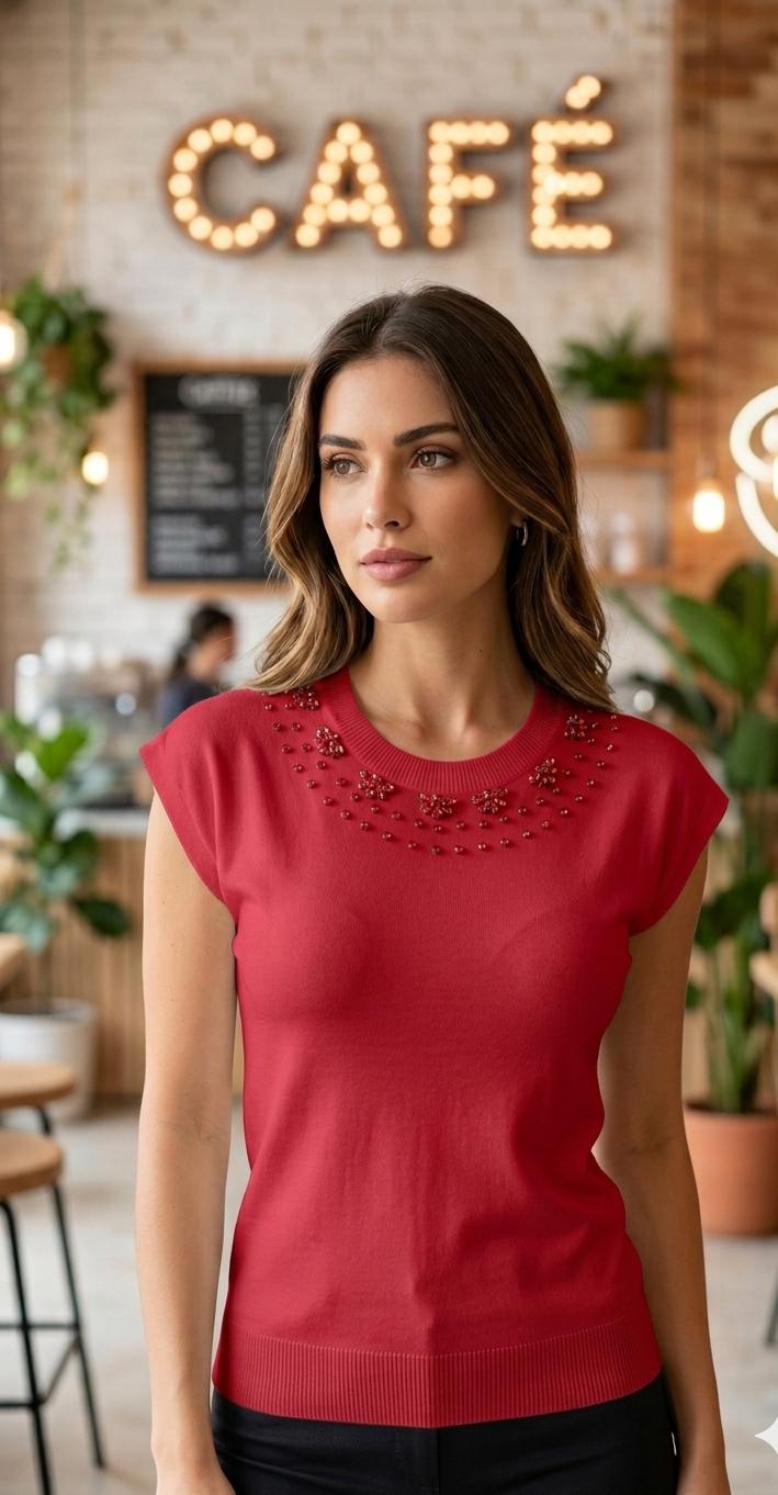 Jeweled Round-Neck Cap-Sleeve Knit top