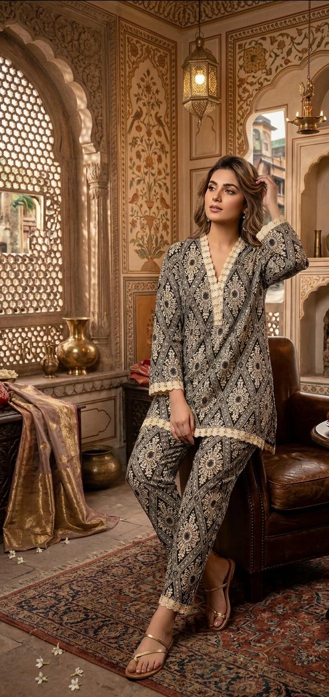 Women’s Ethnic Wear Printed Co-ord Set – V-Neck