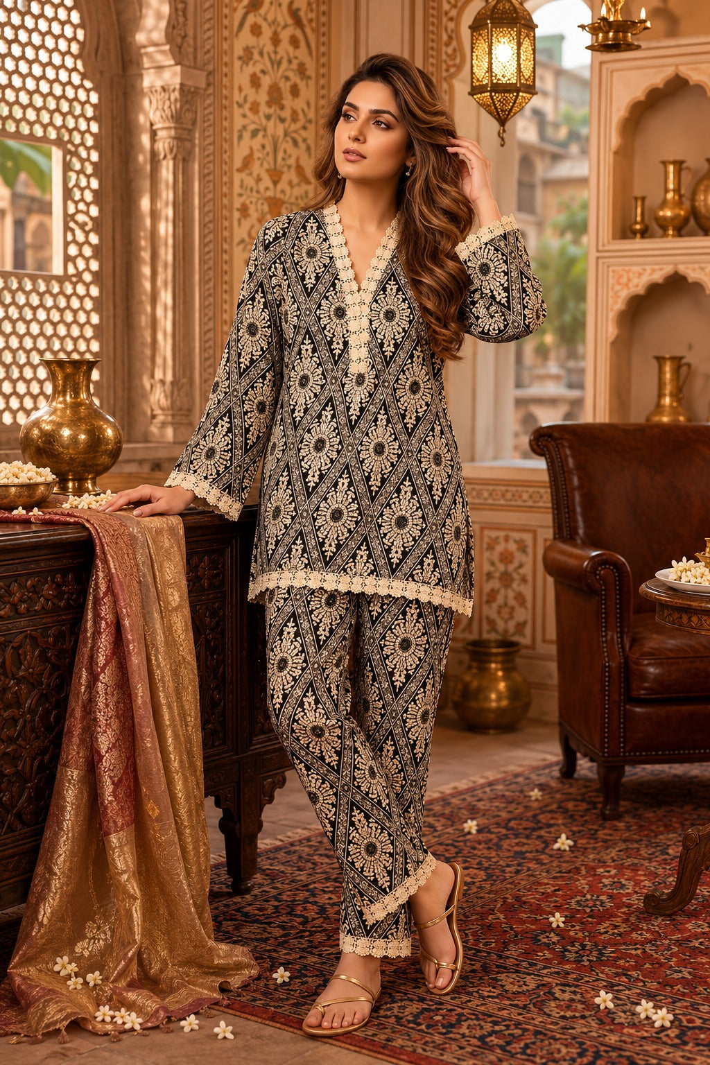 Women’s Ethnic Wear Printed Co-ord Set – V-Neck
