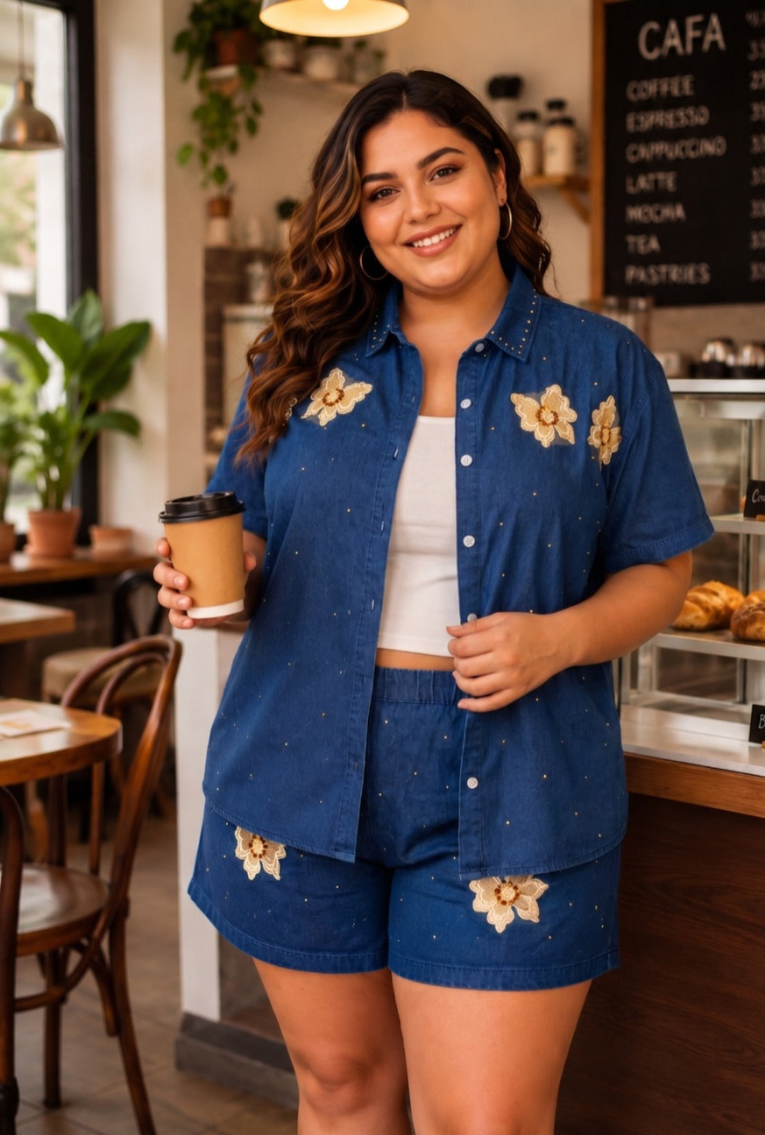 Women's Plus Size Denim Shirt & Shorts Set