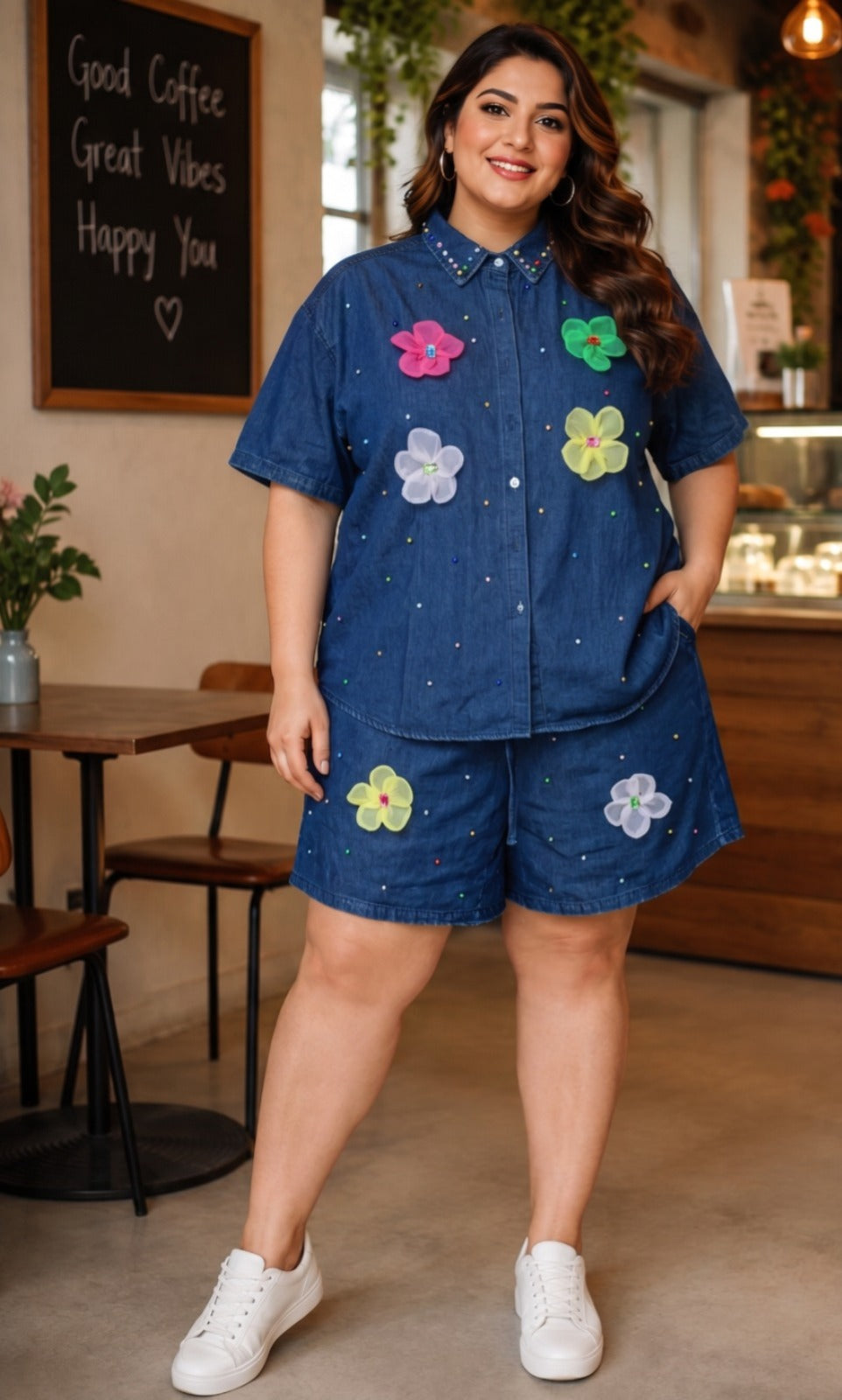 Women's Plus Size Denim Shirt & Shorts Set