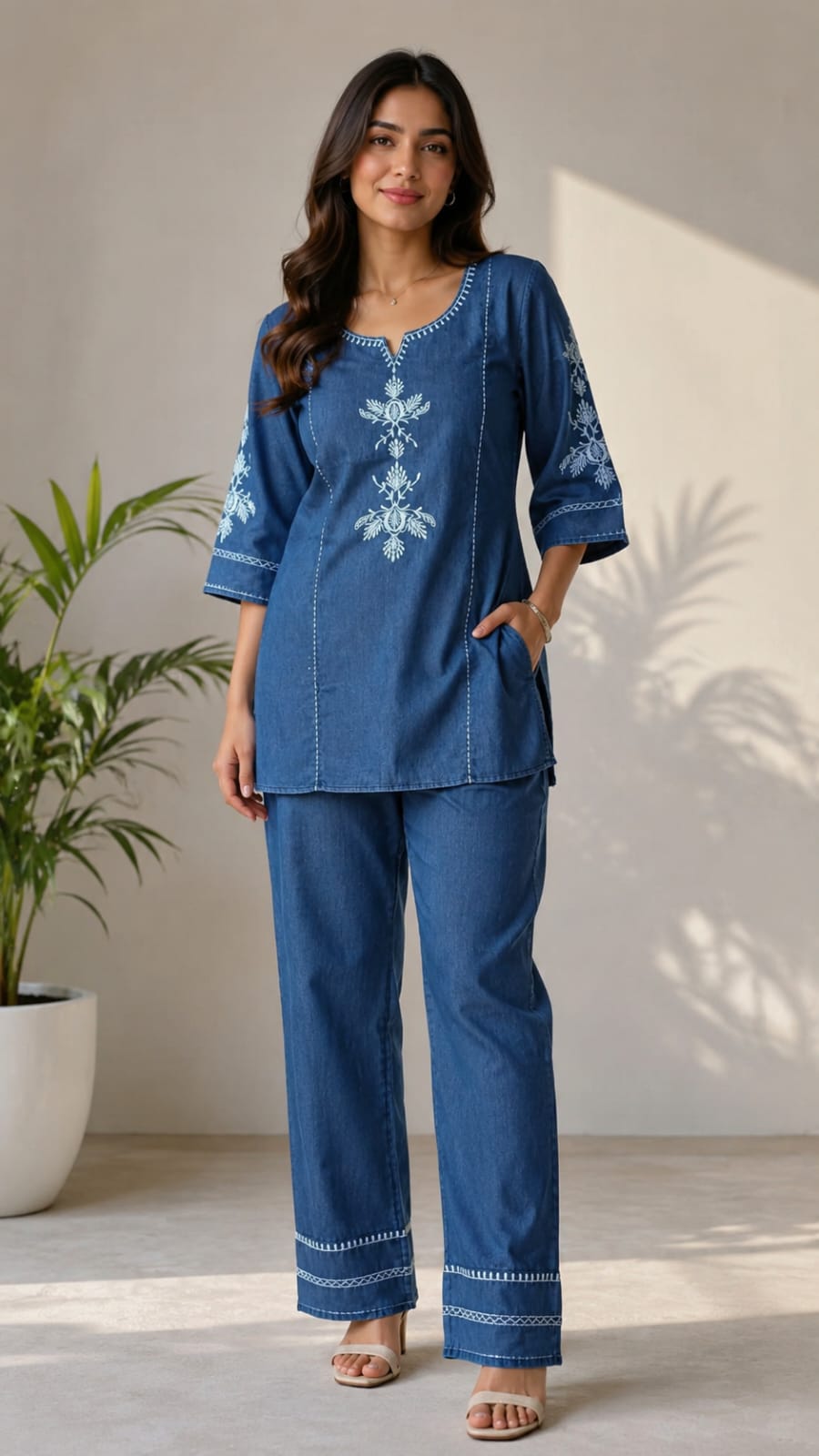 Premium Denim Co-ord Set with White Floral Embroidery and Wide-Leg Pants