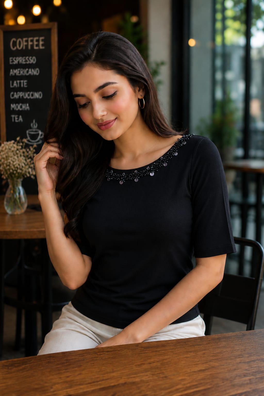 Pearl & Sequin Neckline Top with Short Sleeves