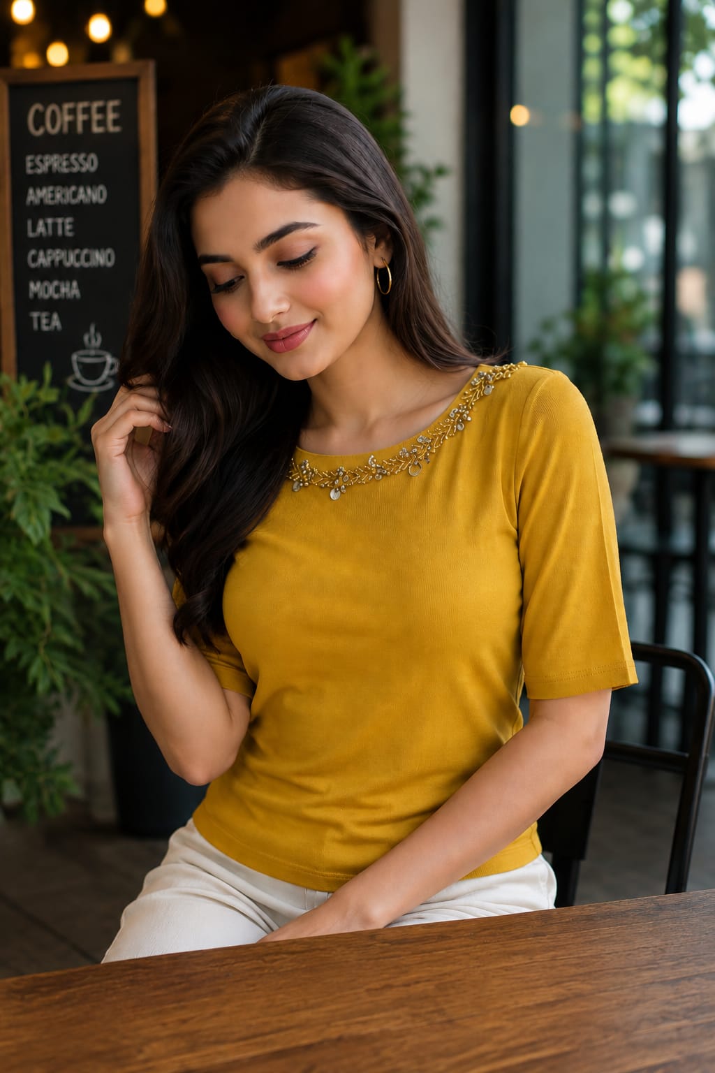 Pearl & Sequin Neckline Top with Short Sleeves
