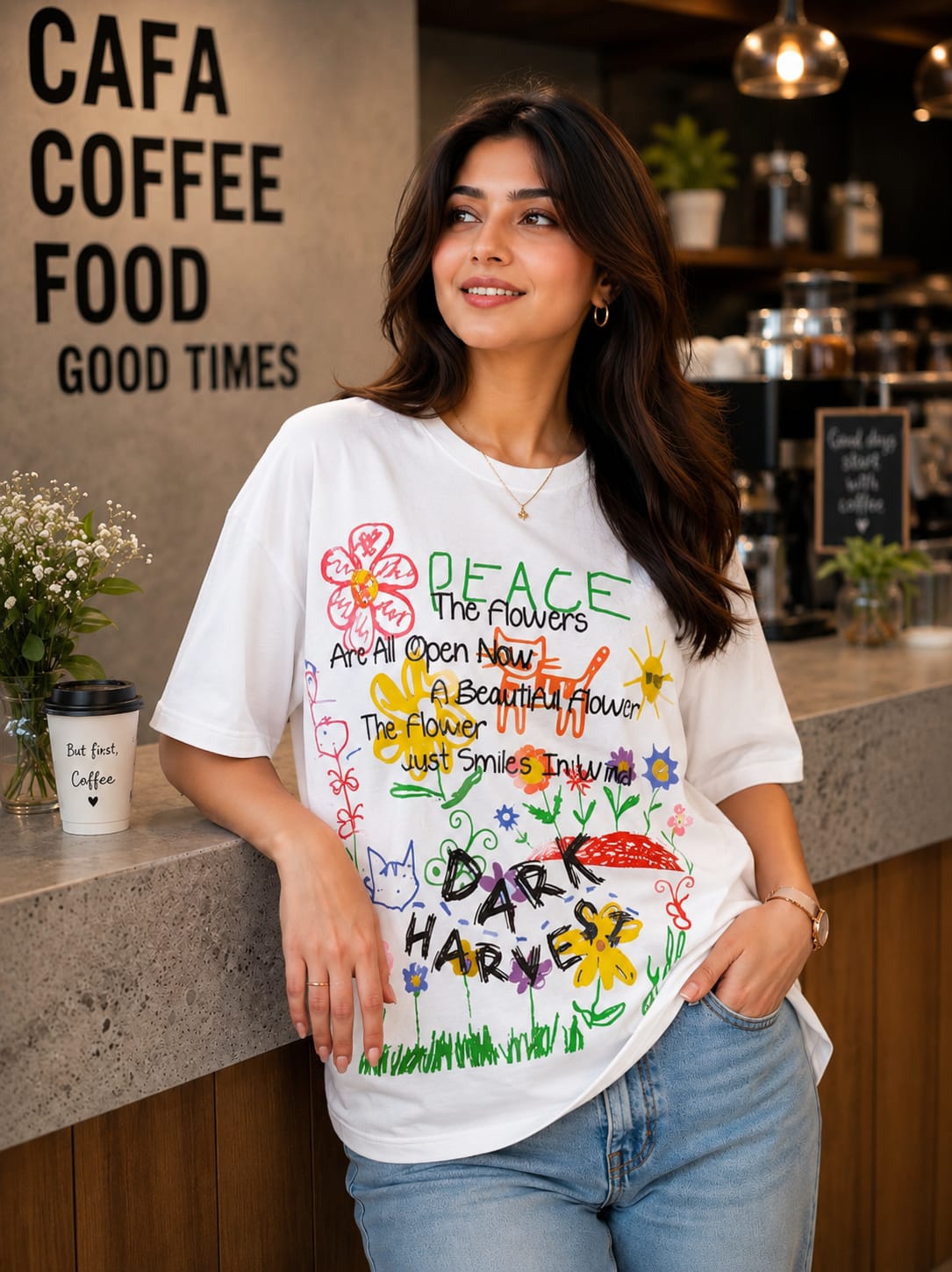 Peace And Flowers Over Sized Graphic T- shirt