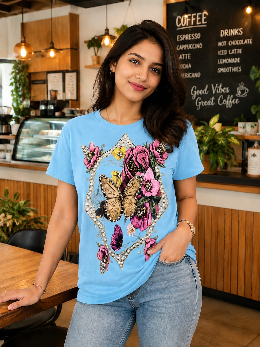 Pearl frame butterly print t shirt
