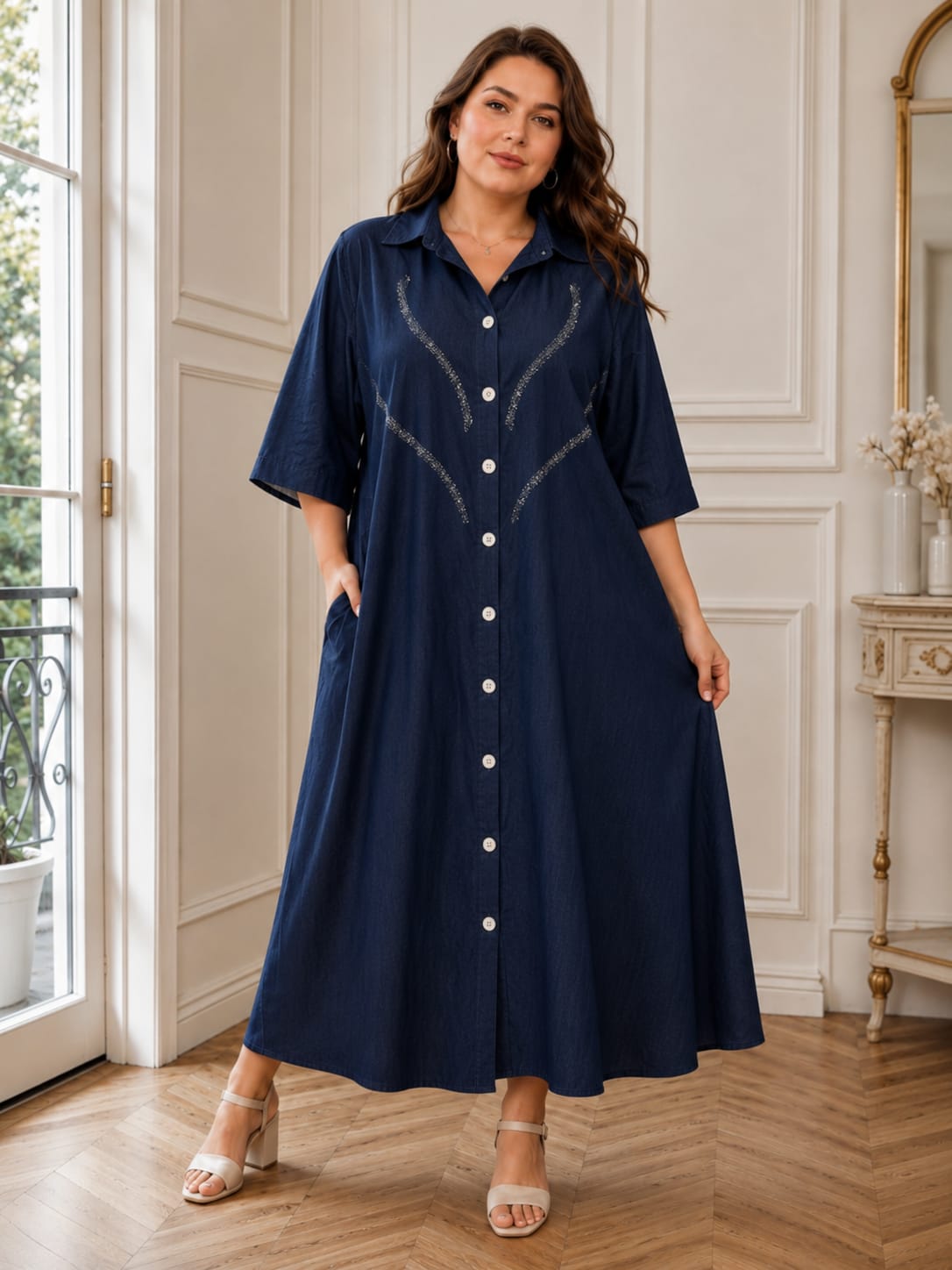 Classic Denim Embroidery Maxi Dress
