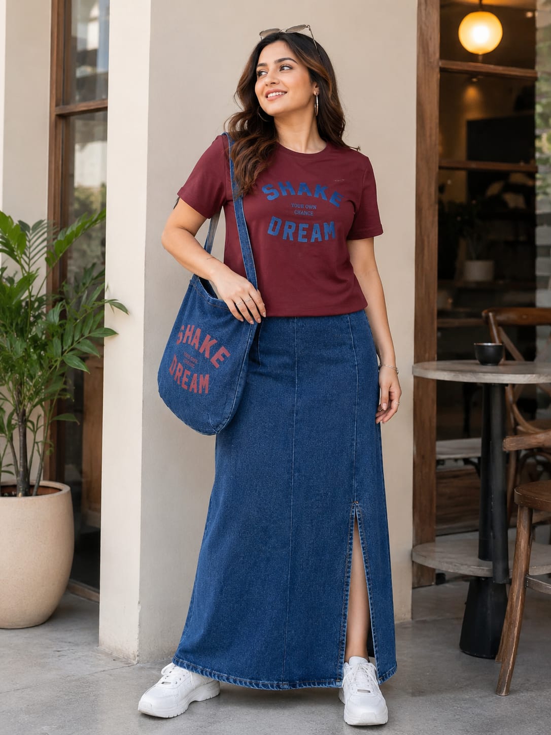 Women ,s Casual t-shirt Denim Maxi Skirt Cordset With Matching Tote Bag