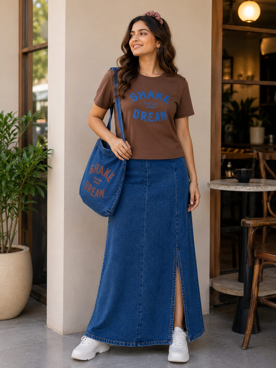 Women ,s Casual t-shirt Denim Maxi Skirt Cordset With Matching Tote Bag