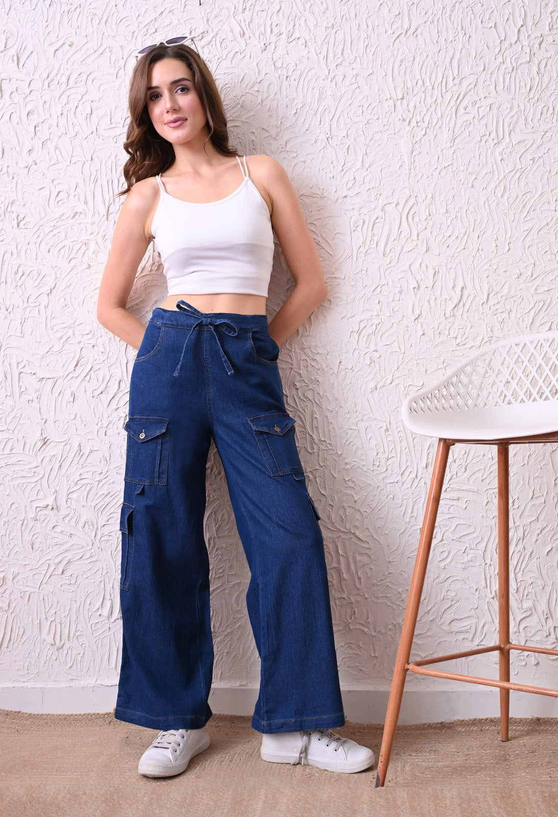 Women's High-Waist Wide Leg Denim Cargo Pants