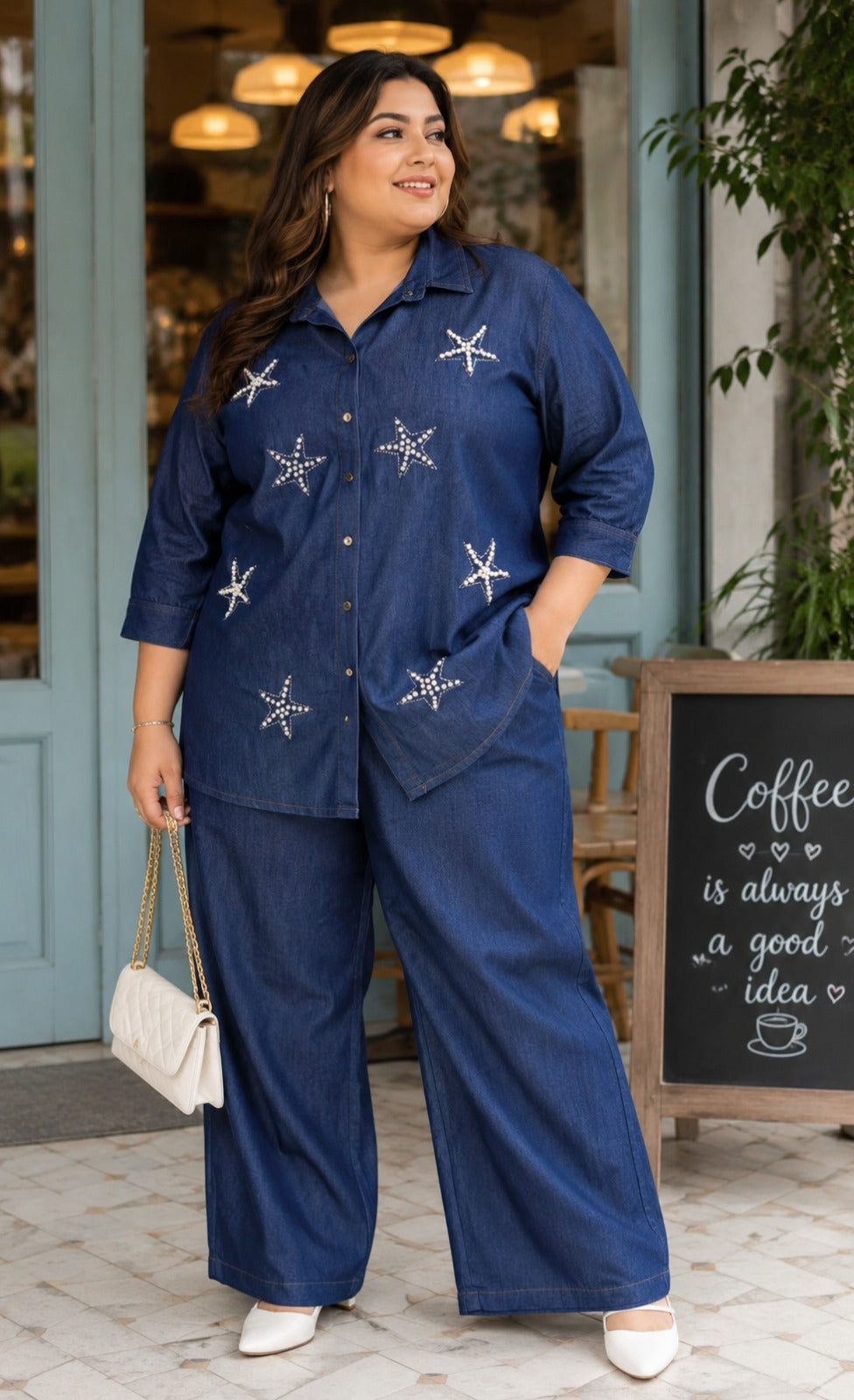 Celestial Pearl-Embroidered Denim Shirt & Wide-Leg Trouser Set