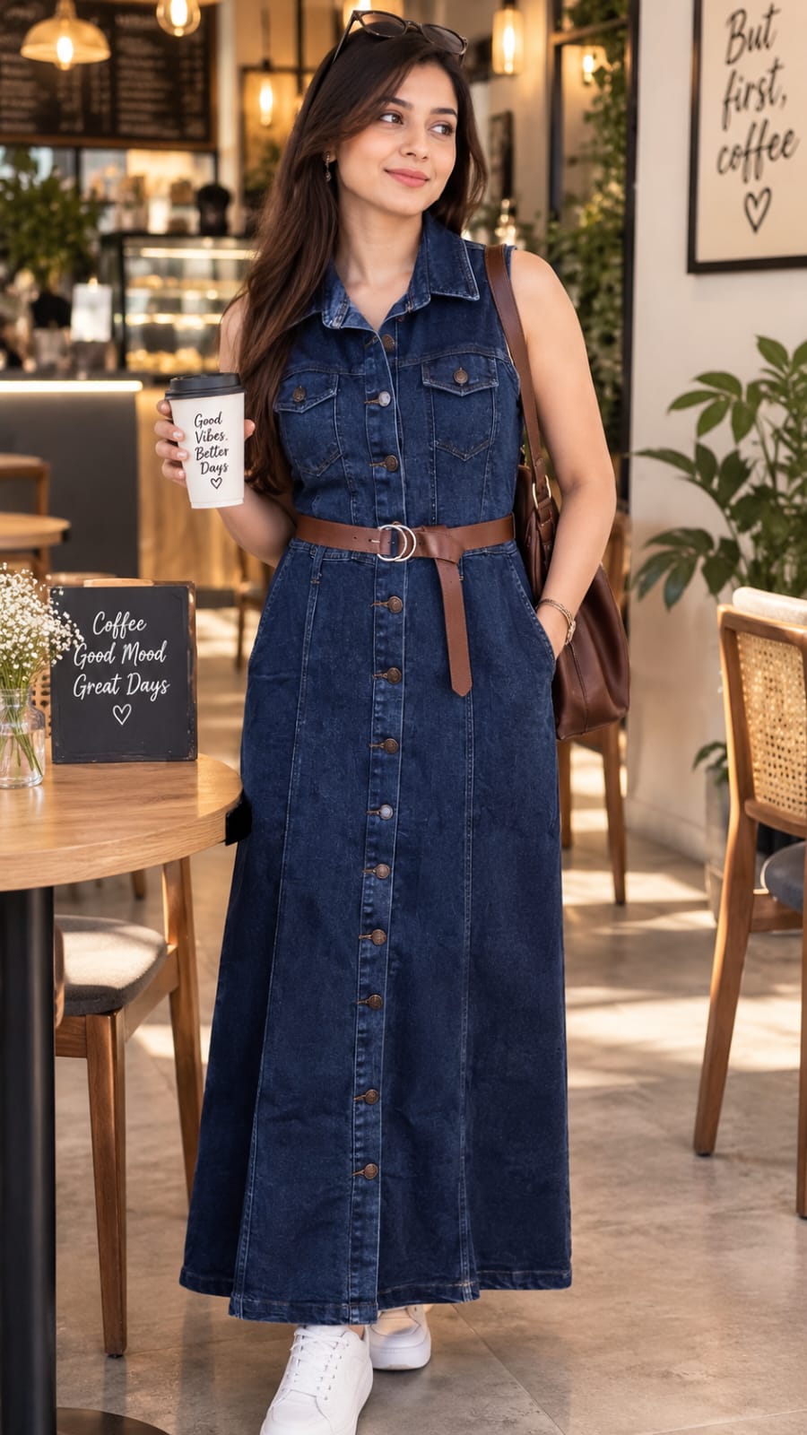 Belted Sleeveless Button-Down Denim Midi Dress