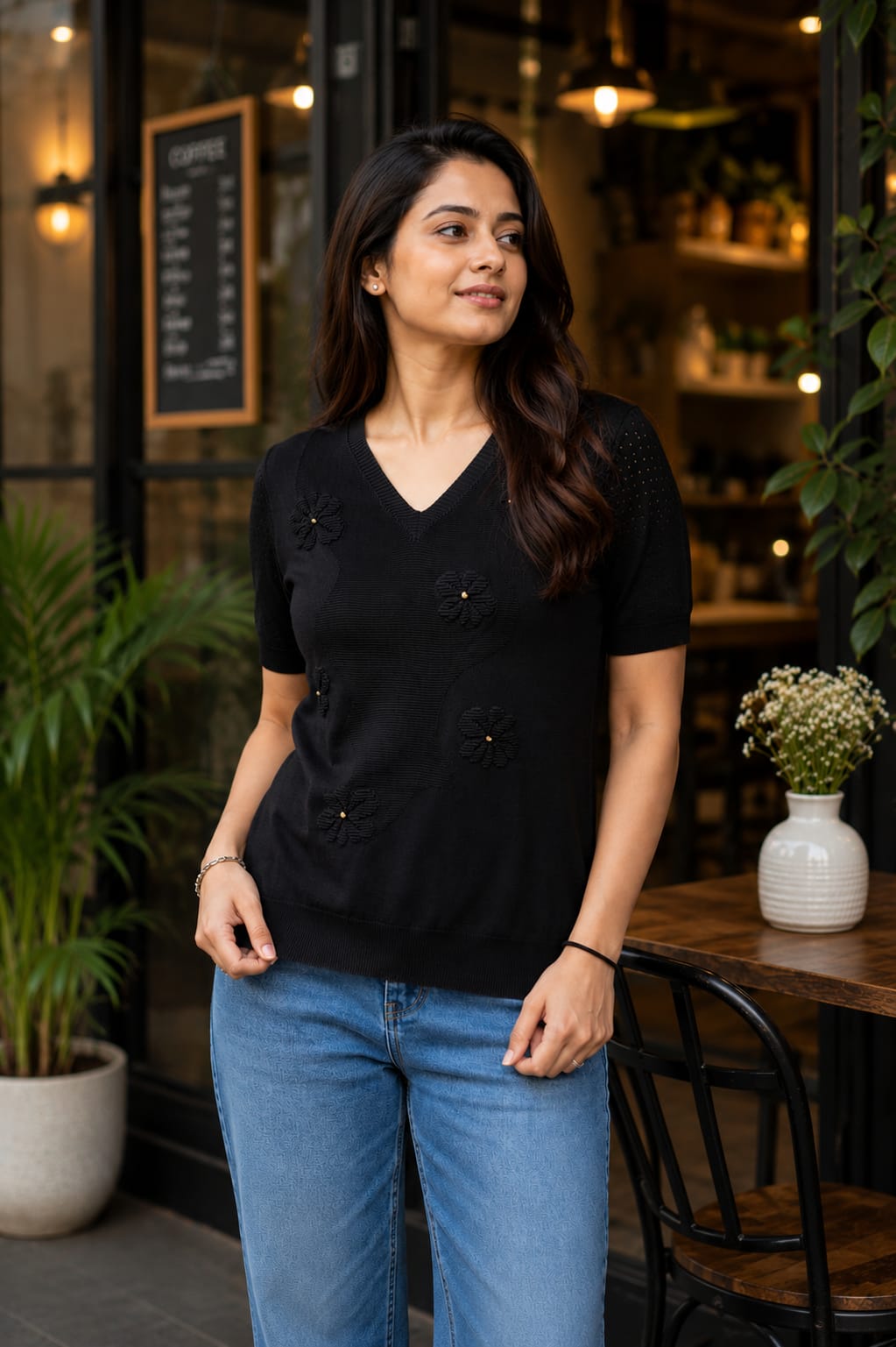 Floral Bead-Detail V-Neck and Short Sleeve Knit Top