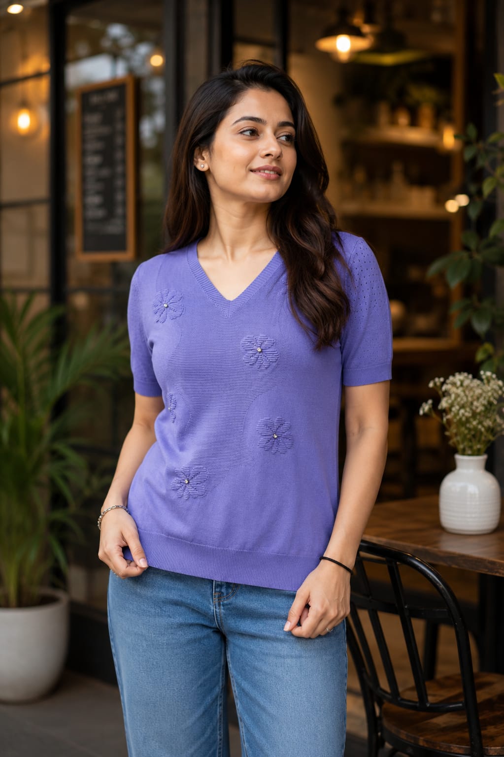 Floral Bead-Detail V-Neck and Short Sleeve Knit Top