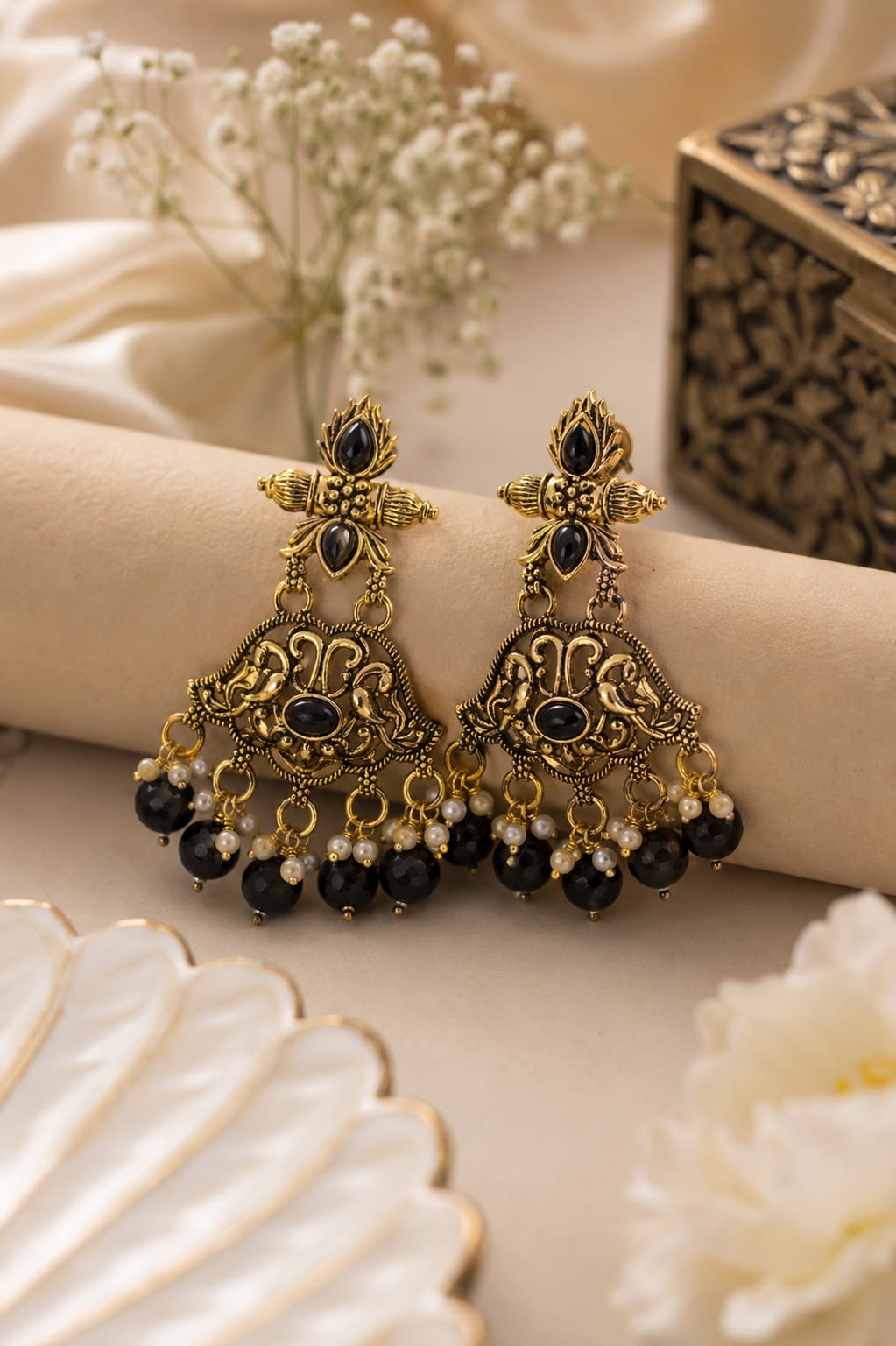 Antique Royalty: Carved Gemstone & Pearl Statement Earrings
