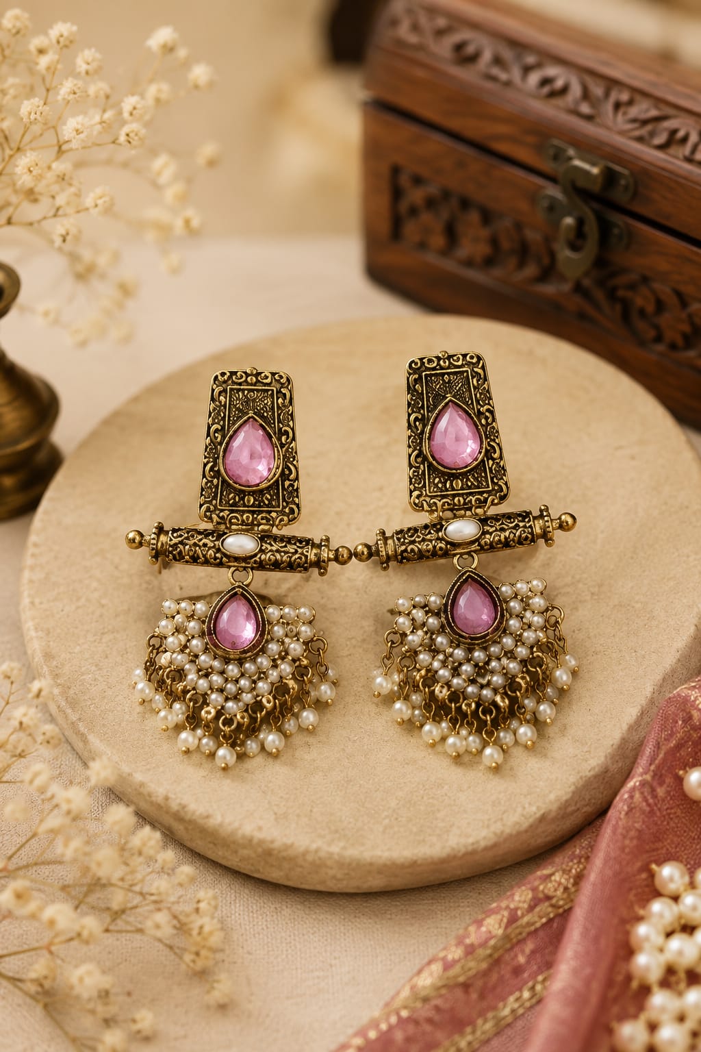 Antique Gold Teardrop Stone & Pearl Cluster Drop Earrings