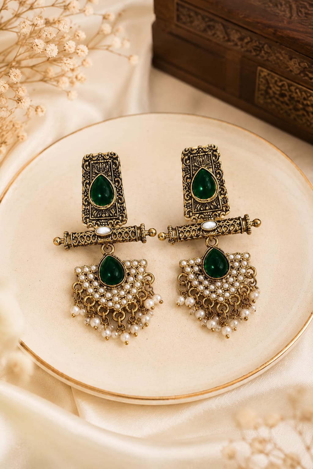 Antique Gold Teardrop Stone & Pearl Cluster Drop Earrings