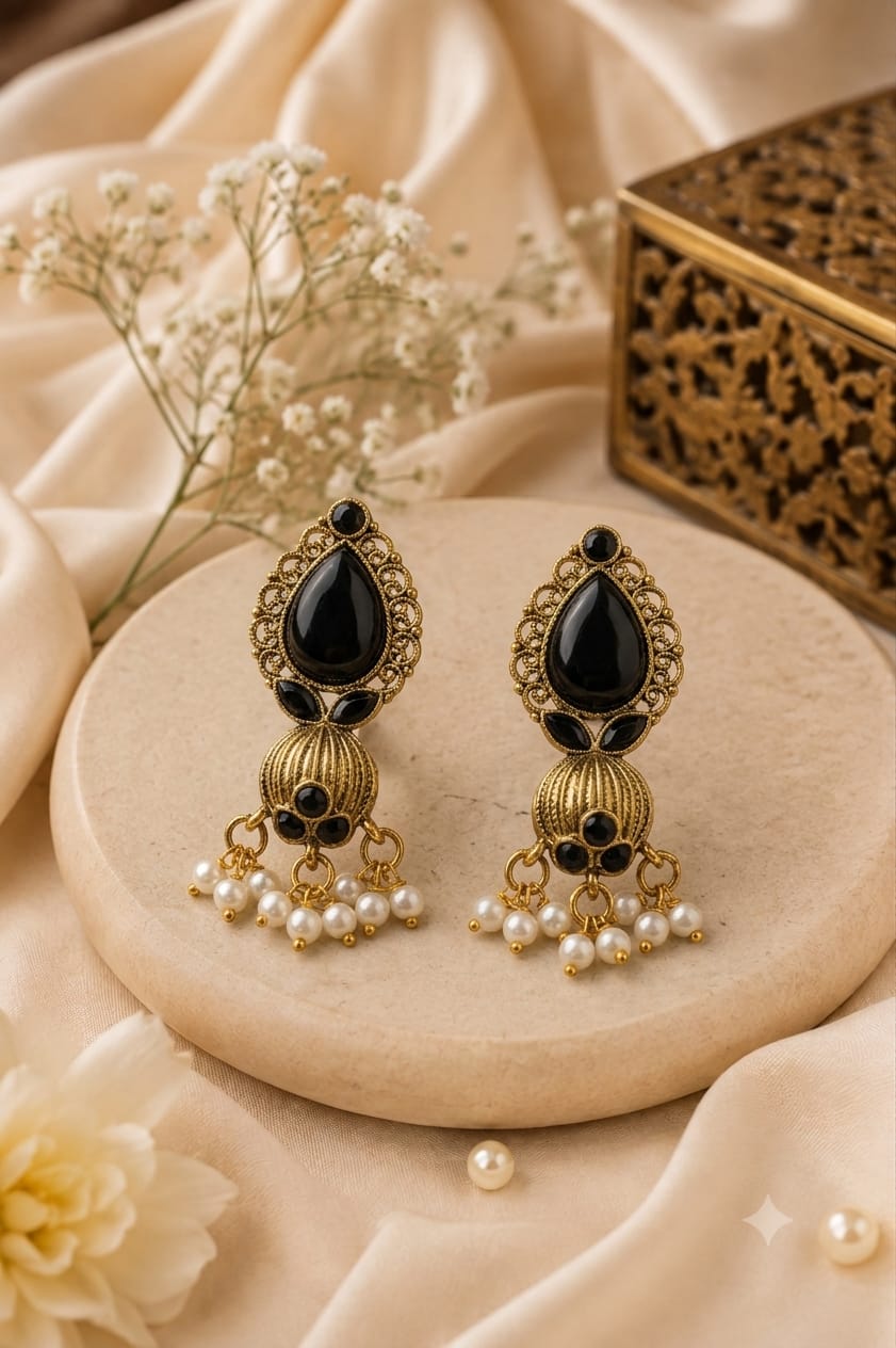Antique Gold Green Stone Drop Earrings with Pearl Details