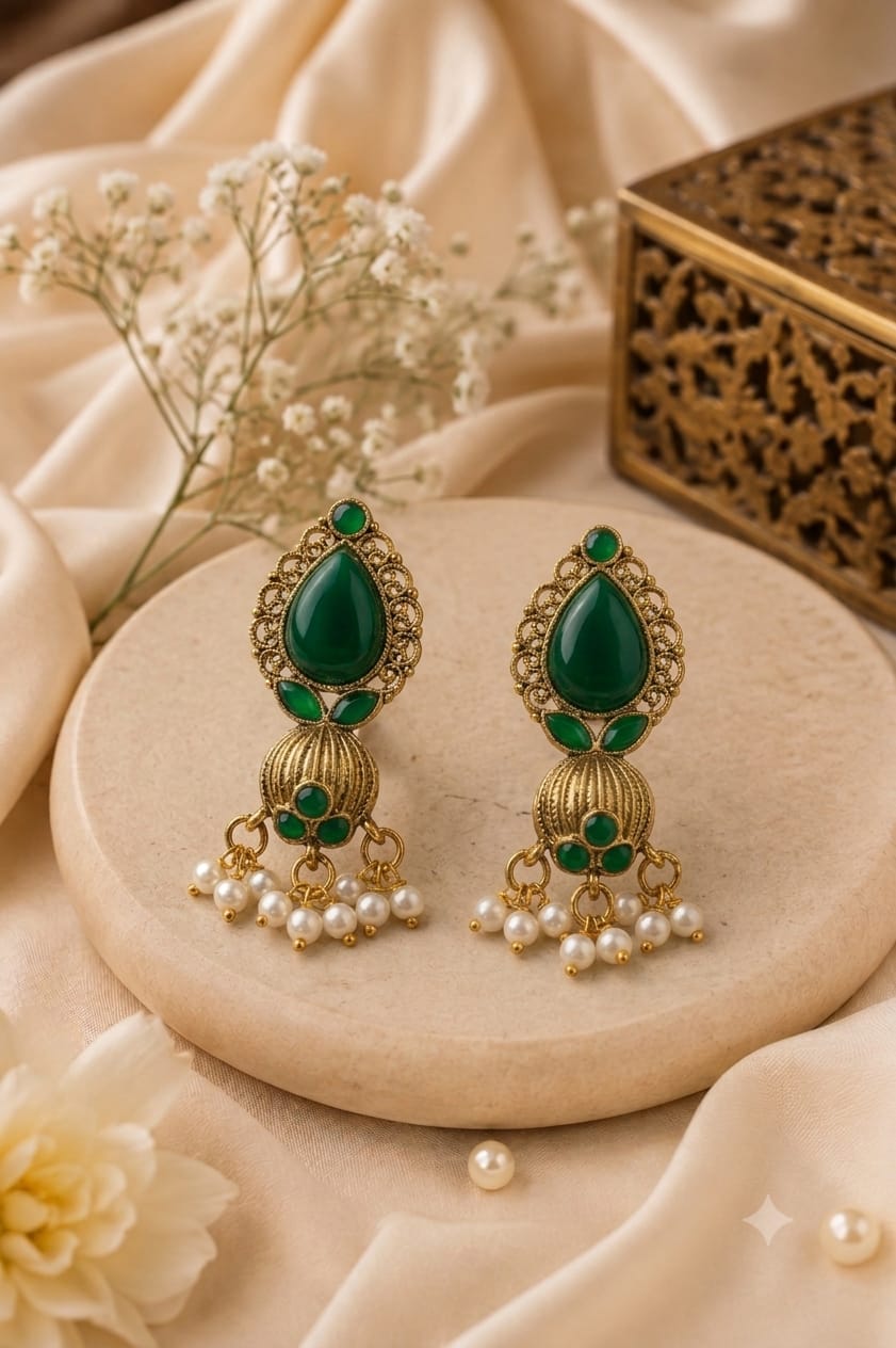 Antique Gold Green Stone Drop Earrings with Pearl Details
