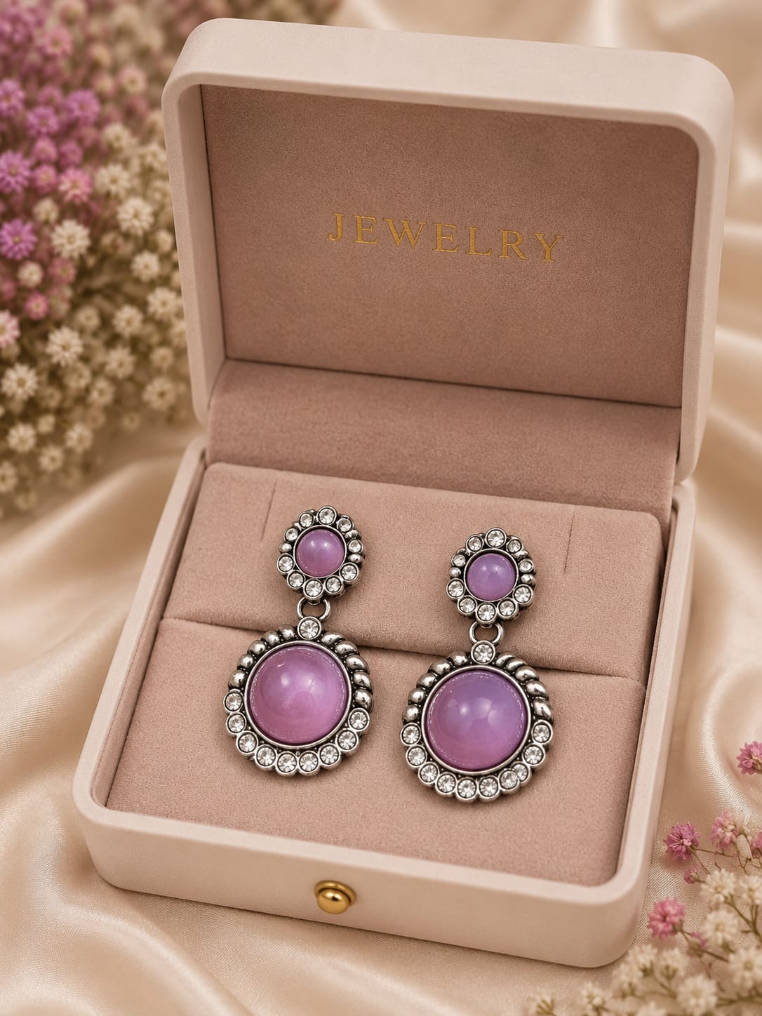 Antique Silver & Cabochon Crystal Drop Earrings