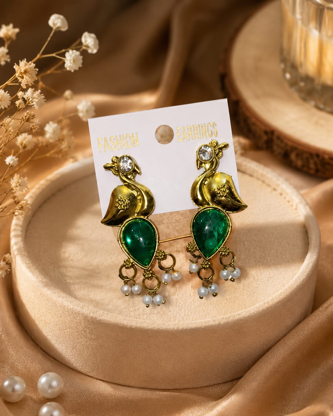 Royal Peacock Antique Gold Stone-Embedded Earrings