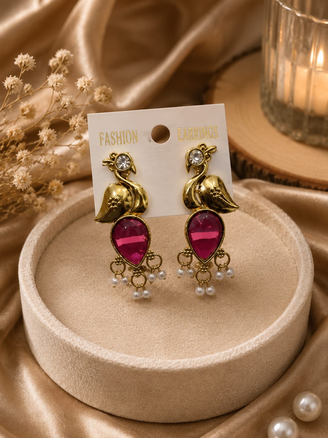 Royal Peacock Antique Gold Stone-Embedded Earrings
