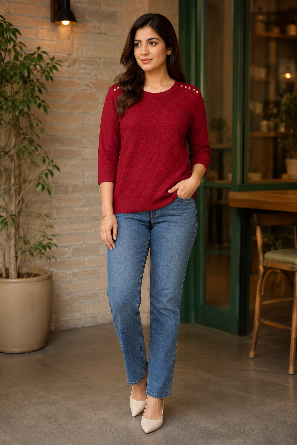Self-Design Crew Neck Knit Top with Pearl Shoulder Details
