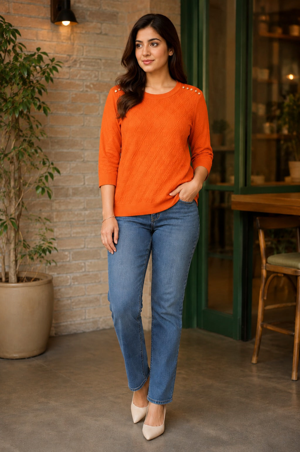 Self-Design Crew Neck Knit Top with Pearl Shoulder Details