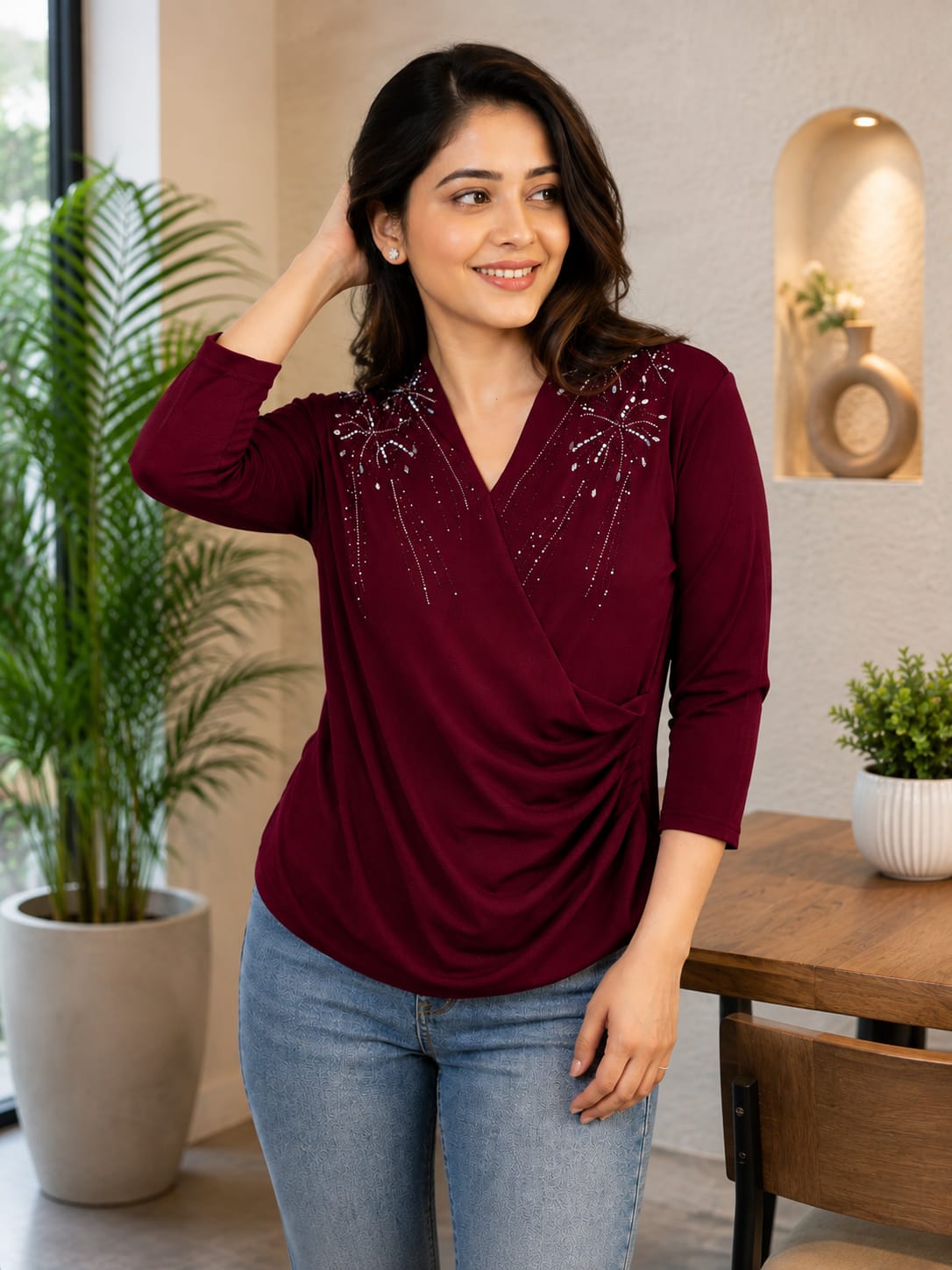 Women's Rhinestone Shoulder Detail V-Neck Top