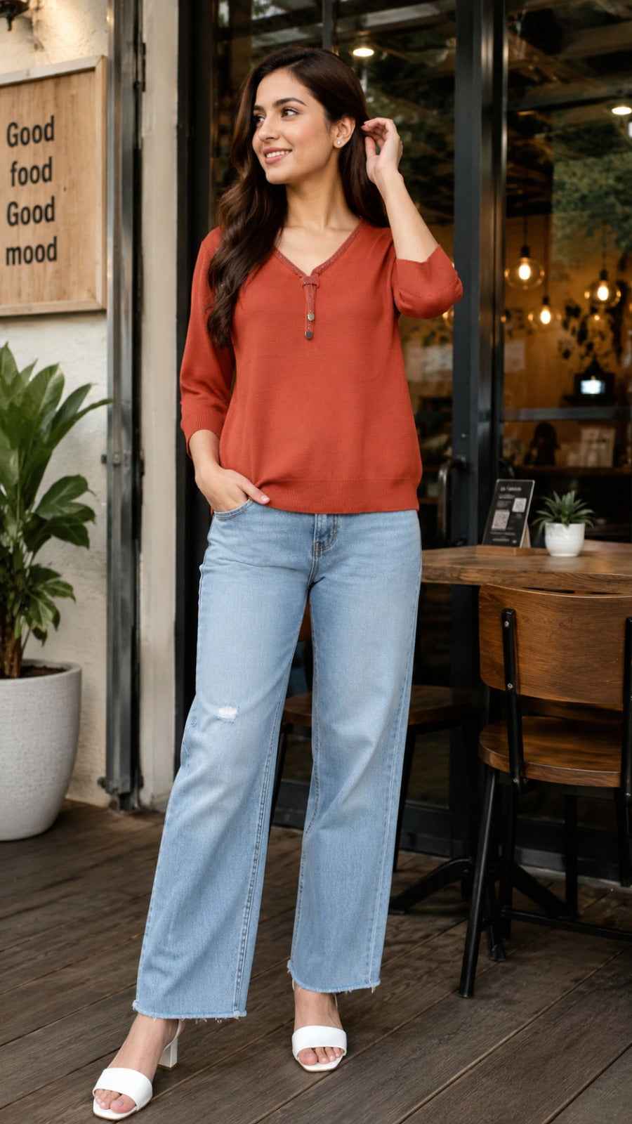 Women V-Neck Fine Knit Top with Decorative Tie-Up Placket