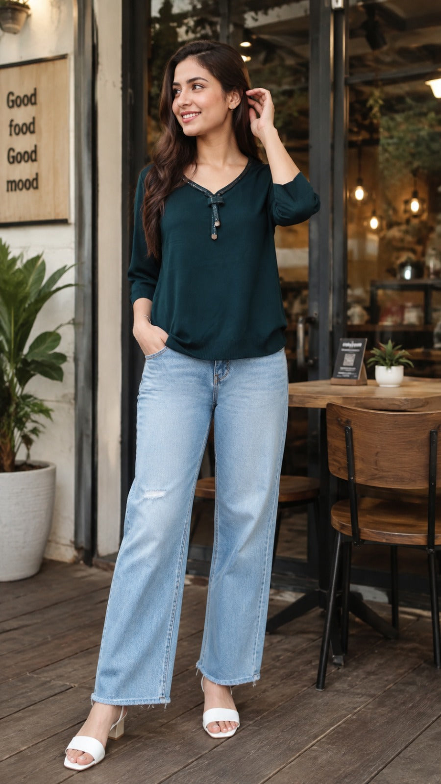 Women V-Neck Fine Knit Top with Decorative Tie-Up Placket
