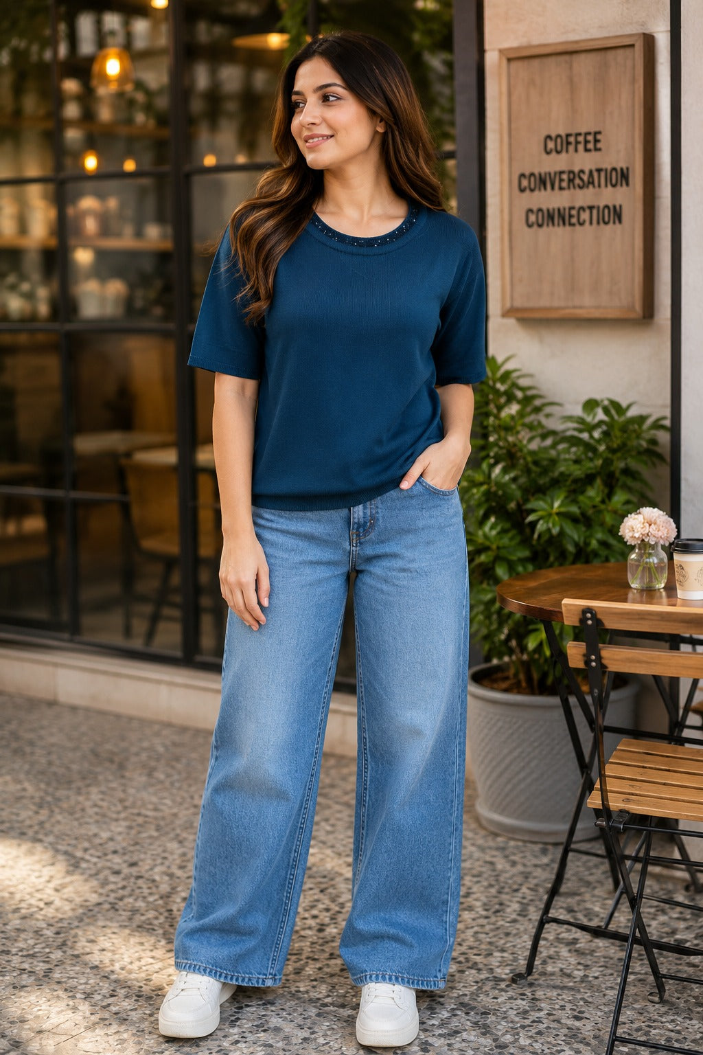 Embellished Collar Short-Sleeve Knit Tunic Top