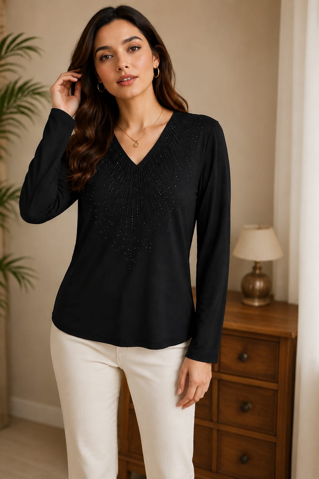 Luxe Stonework Full Sleeve V-neck Top