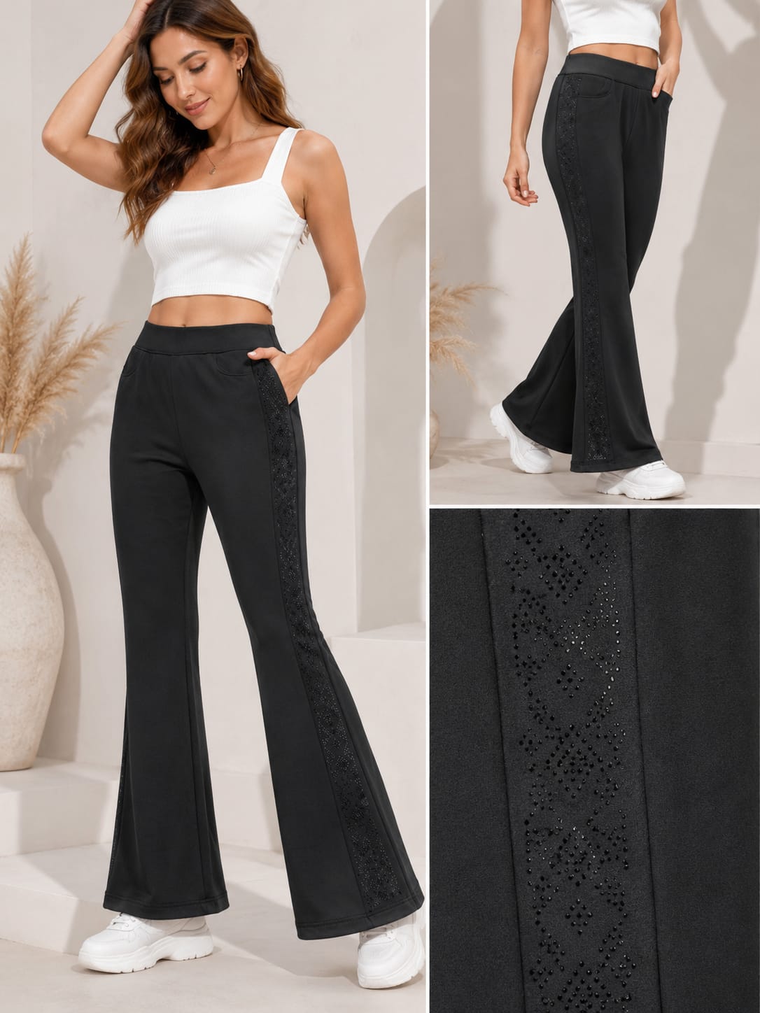 Women's Black High-Waist bellbottom Pants with Embellished Rhinestone Side Stripe