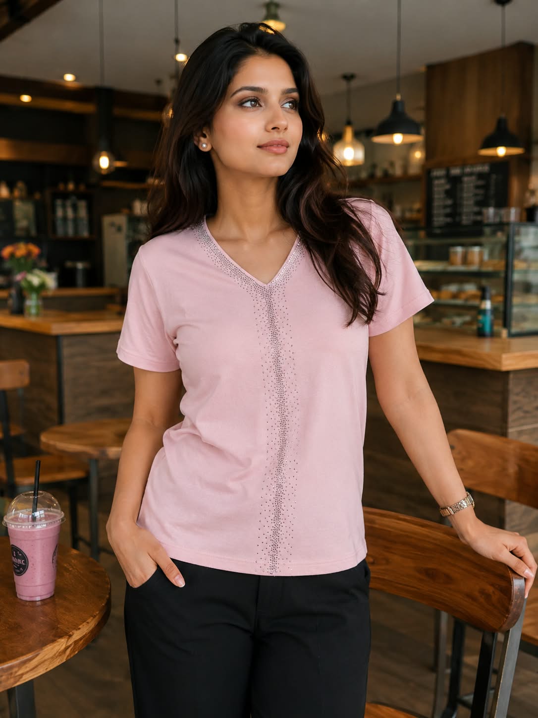 Rhinestone Embellished V-Neck Short Sleeve Top