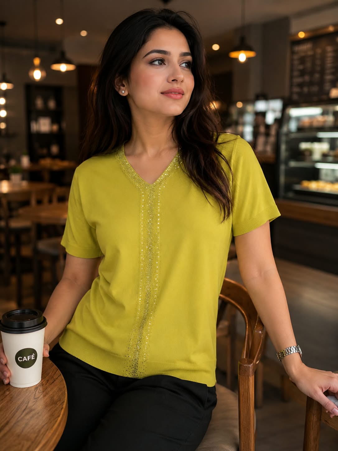 Rhinestone Embellished V-Neck Short Sleeve Top