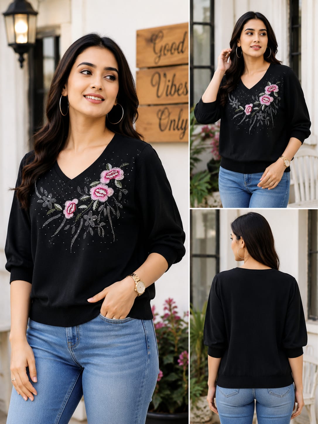 Rose Embroidered Casual V-Neck Top