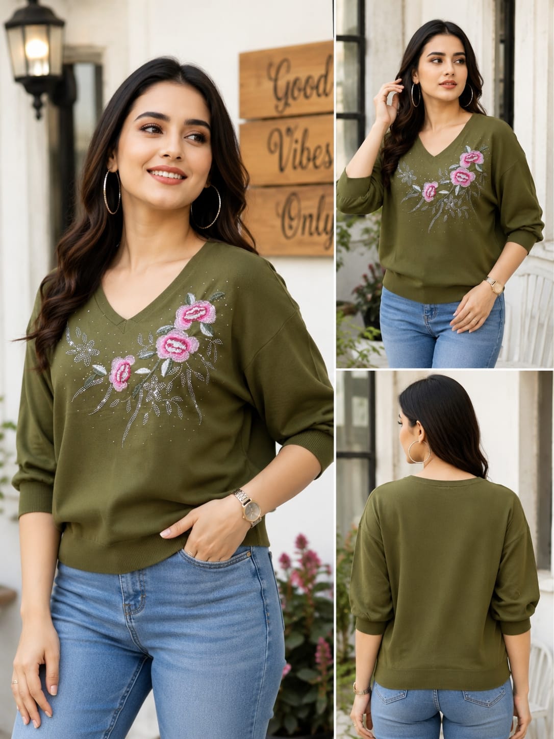 Rose Embroidered Casual V-Neck Top