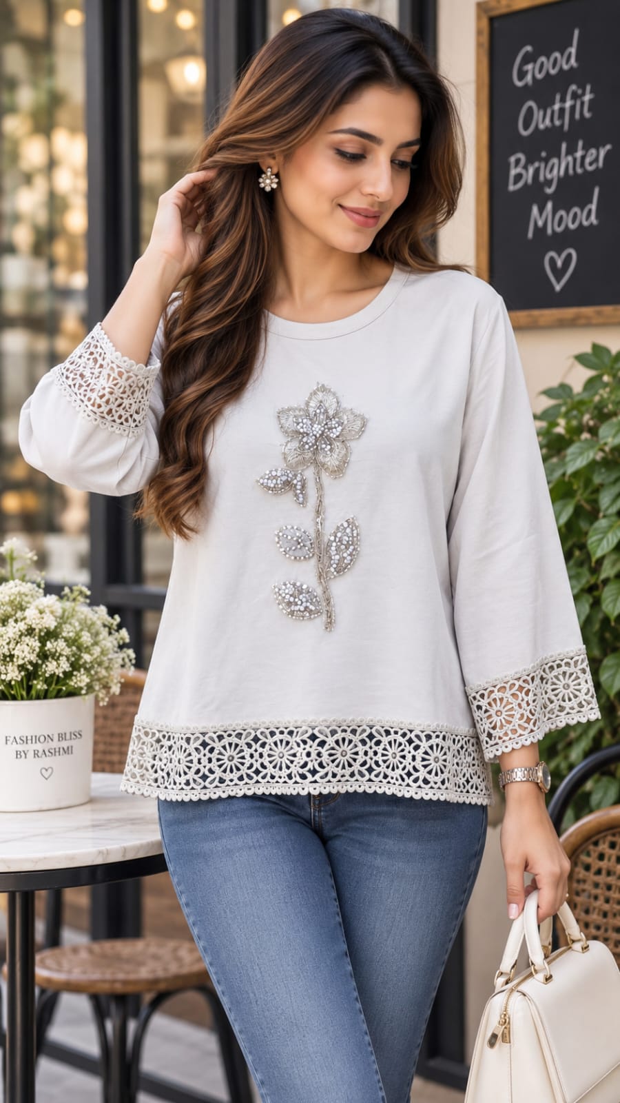Floral Sequined Cutwork Lace Hem Top