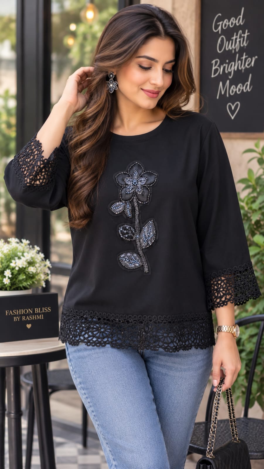Floral Sequined Cutwork Lace Hem Top