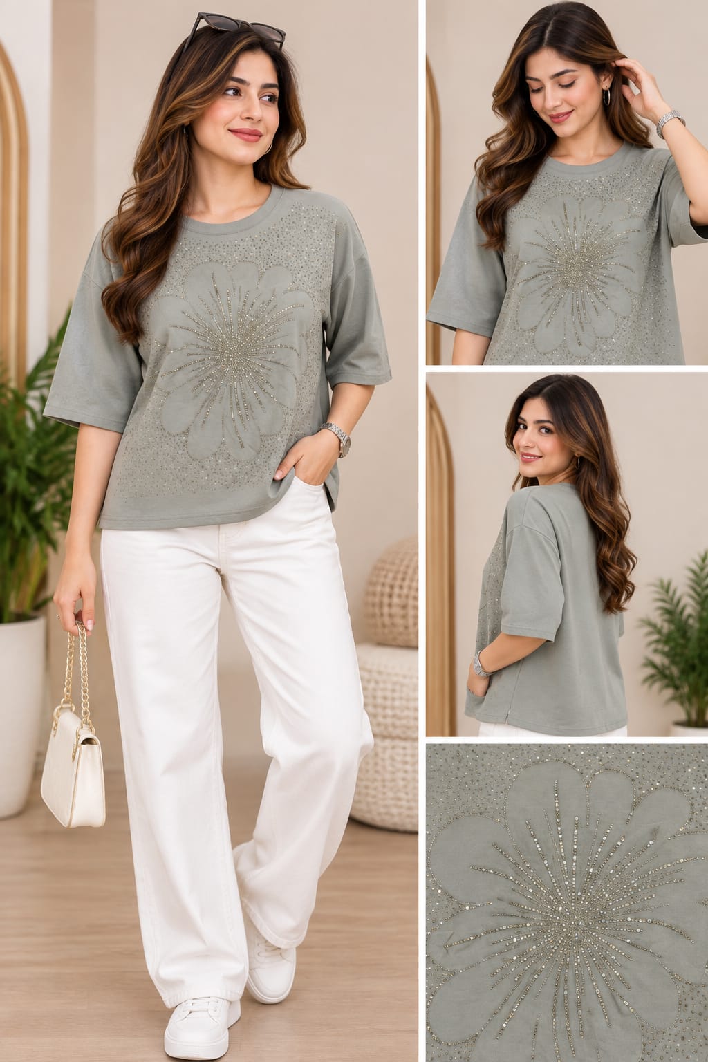 Women’s Sequin Flower Design Oversized T-Shirt Top