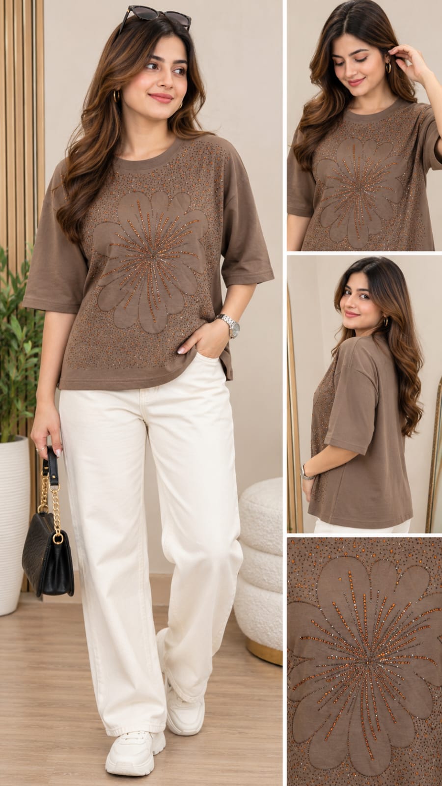 Women’s Sequin Flower Design Oversized T-Shirt Top