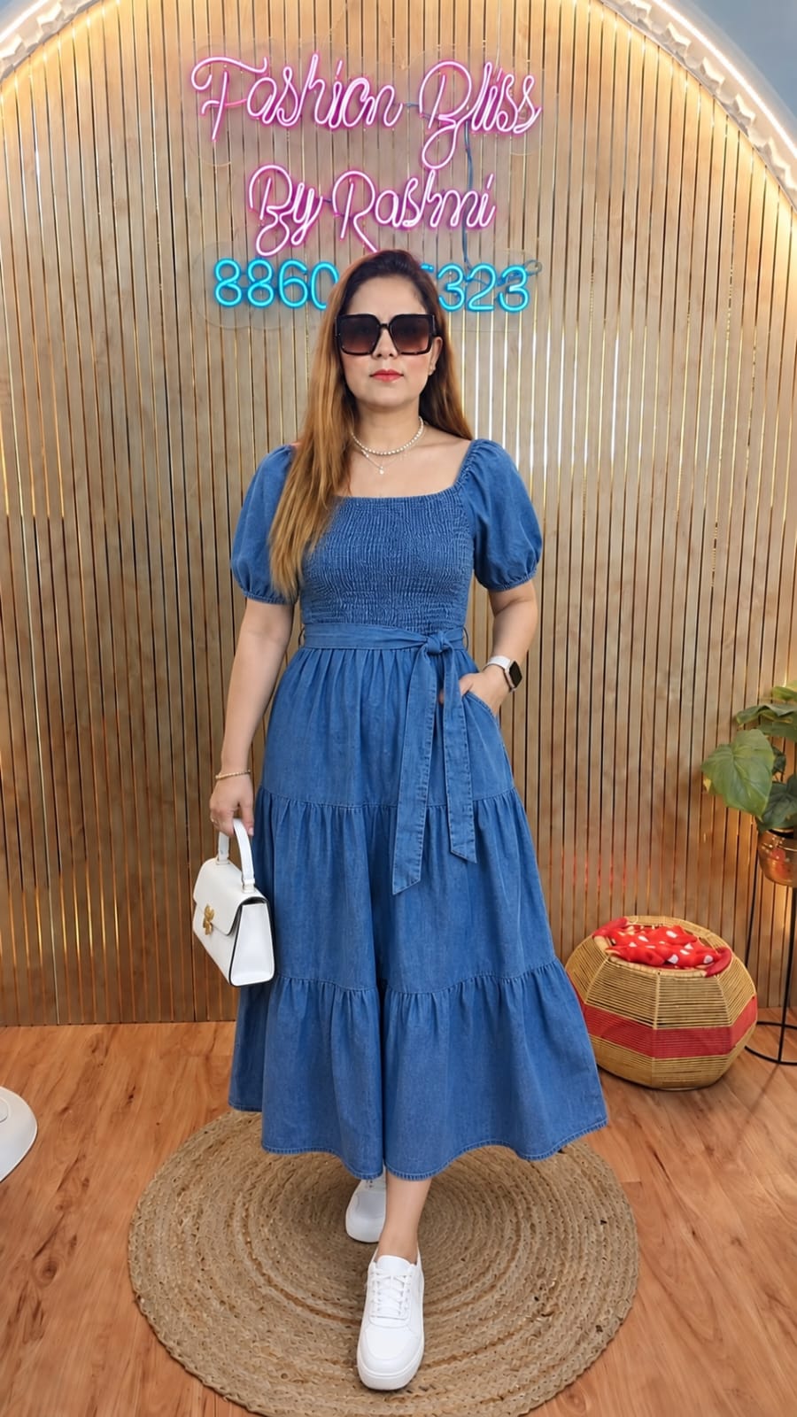 Blue Denim Smocked Tiered Midi Dress ✨