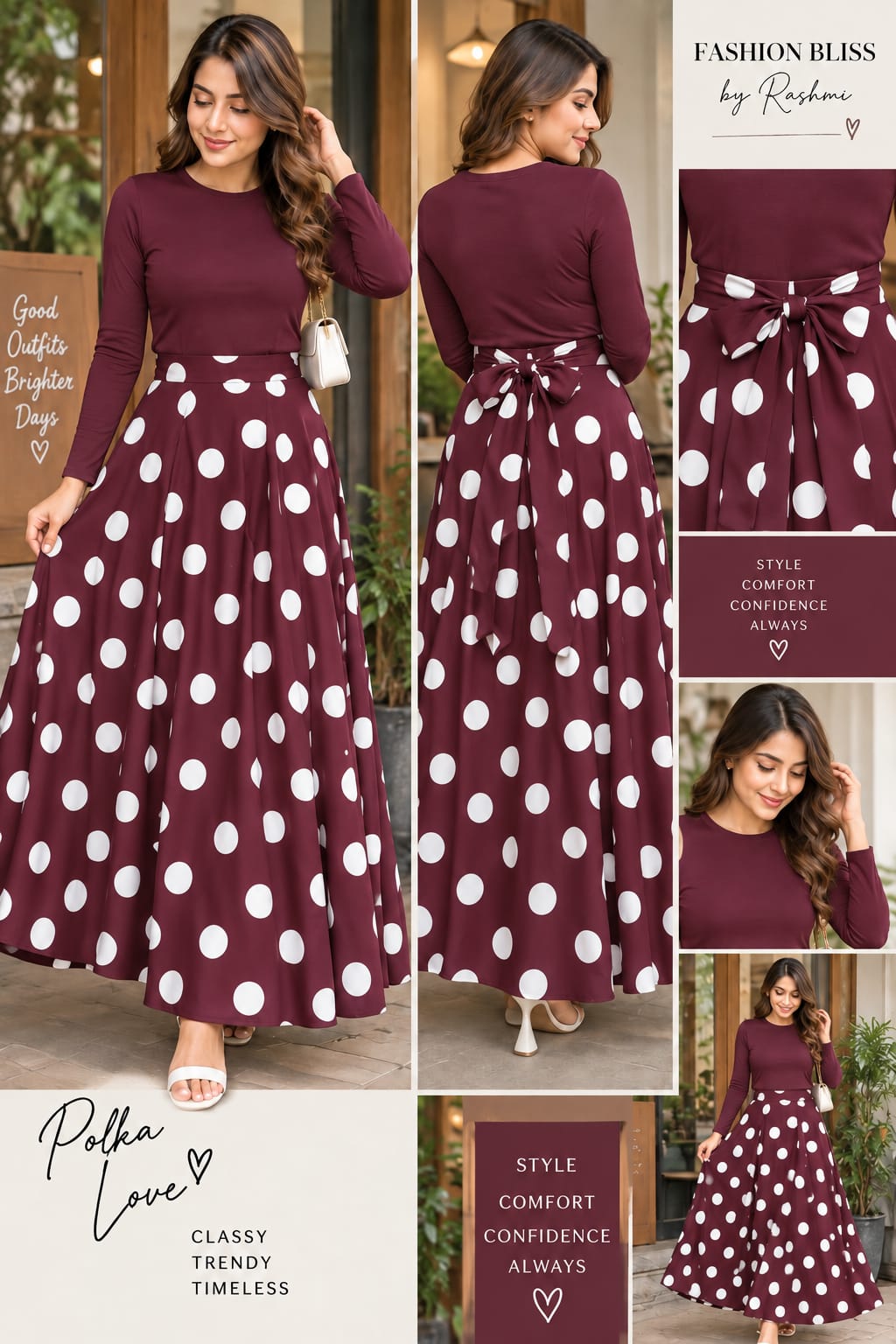 Women’s Solid Top & Polka Dot Flared Maxi Skirt Co-Ord Set