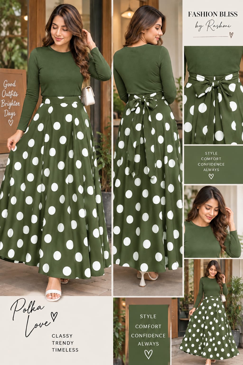 Women’s Solid Top & Polka Dot Flared Maxi Skirt Co-Ord Set