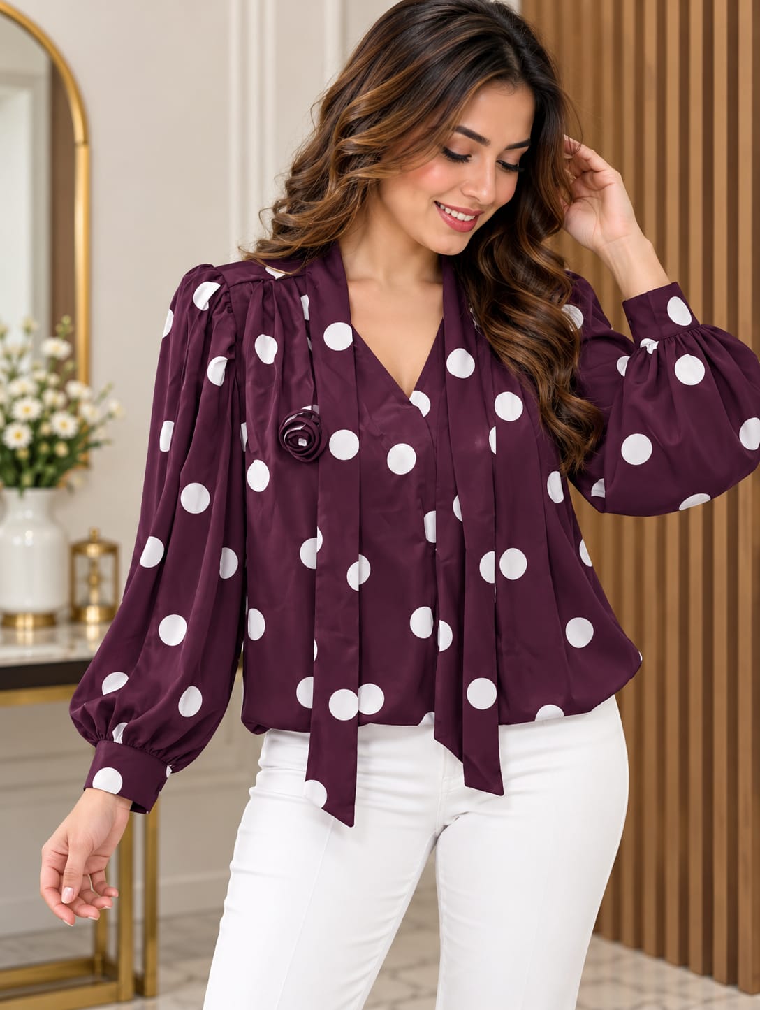 Polka Dot Luxe Tie-Neck Blouse top