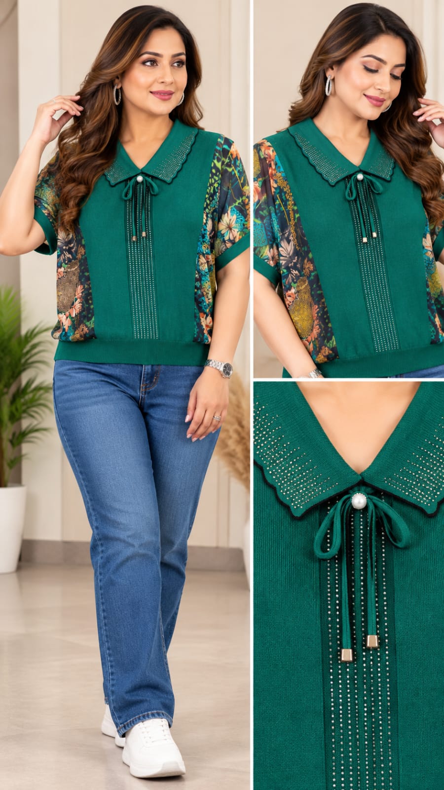 Premium Embellished Collar Printed Sleeve Knit Top ✨