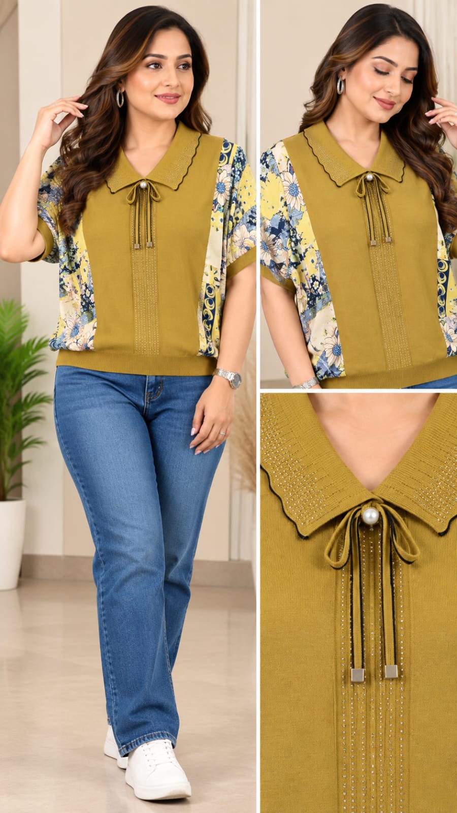 Premium Embellished Collar Printed Sleeve Knit Top ✨