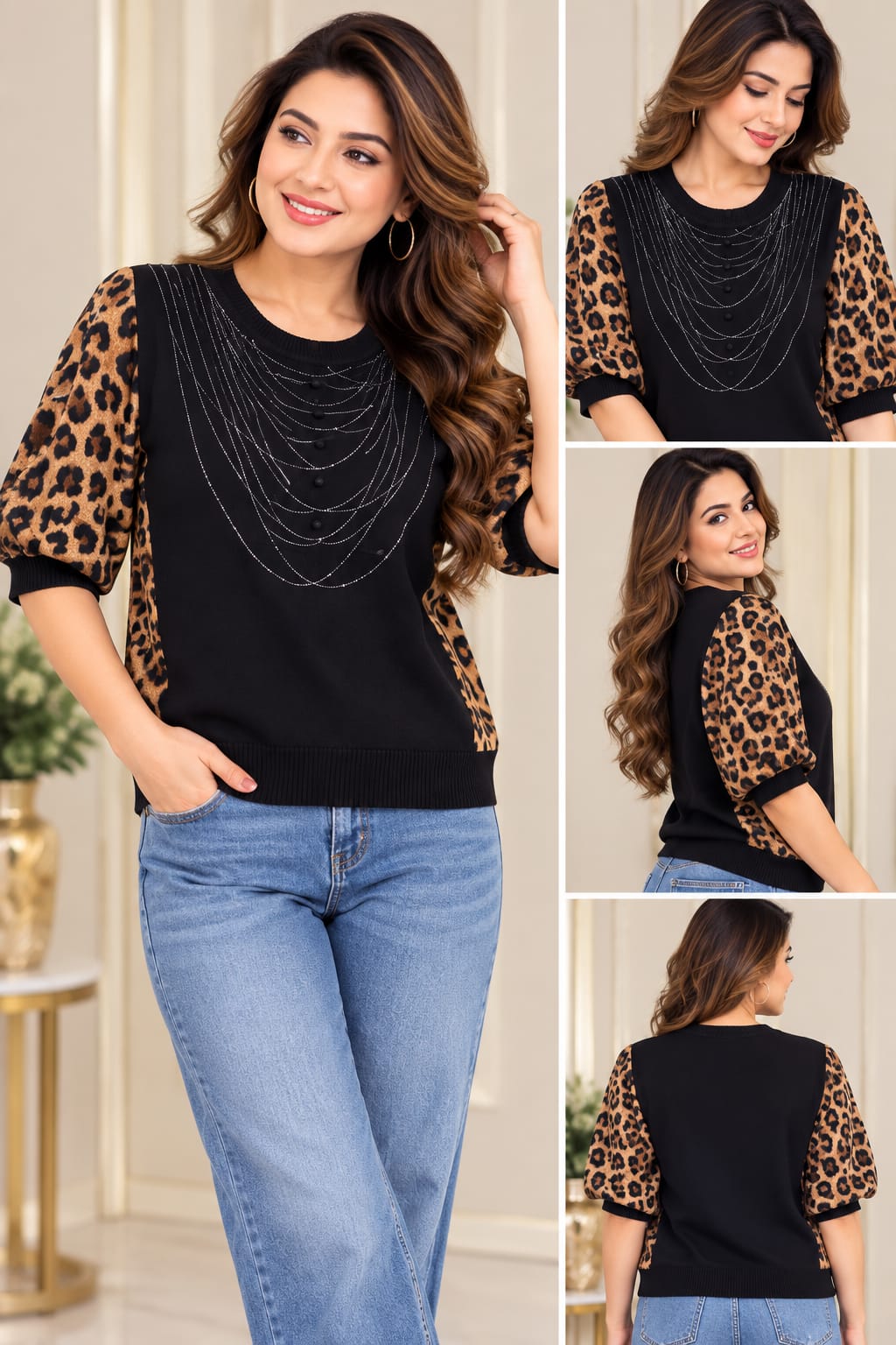 Premium Black Rhinestone Draped Chain Print Top ✨